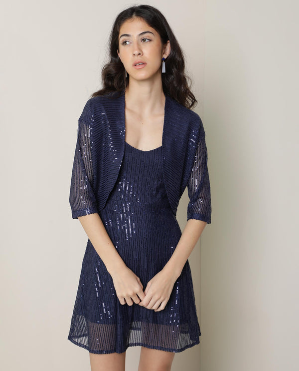 Rareism Women Agog Dark Blue Nylon Fabric 3/4Th Sleeves Solid Collarless Knee Length Shrug
