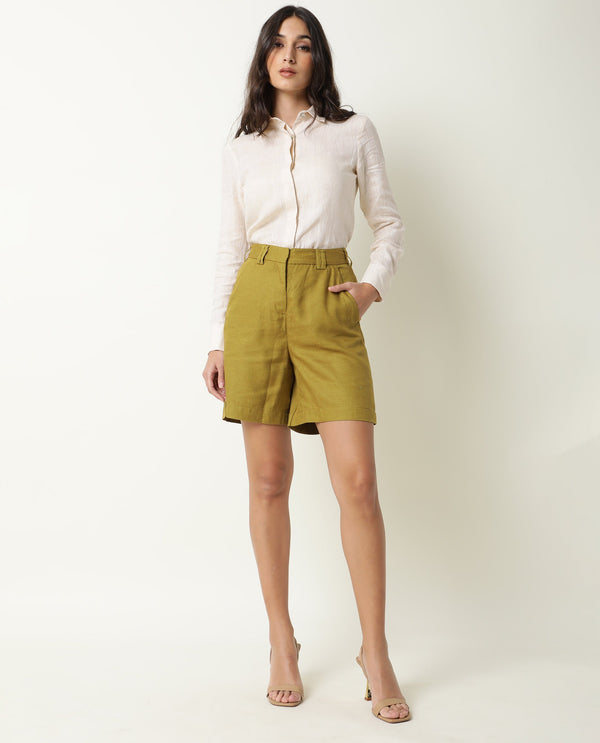Rareism Women Lamar Olive Cotton Fabric Relaxed Fit Solid High Rise Shorts