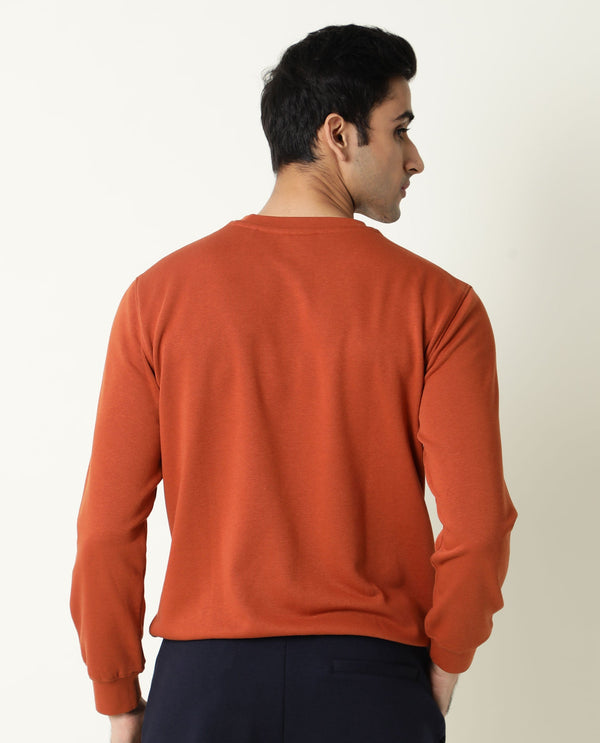 Rare Rabbit Men's Velveto Rust Cotton Polyester Fabric Full Sleeves Velvet Branding Knit Sweatshirt
