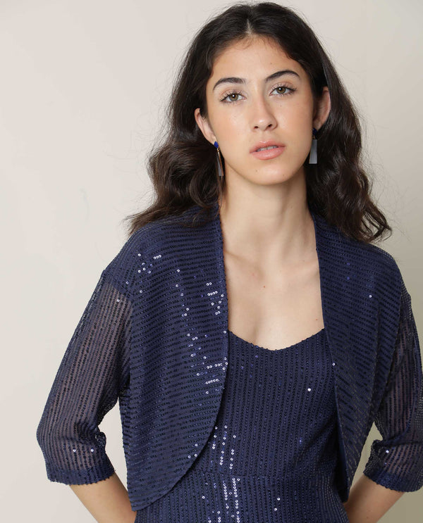 Rareism Women Agog Dark Blue Nylon Fabric 3/4Th Sleeves Solid Collarless Knee Length Shrug