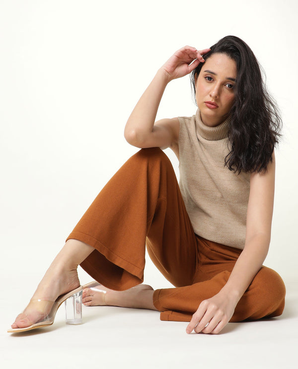Rareism Women Finn Track Rust Cotton Fabric Flared Solid Mid Rise Ankle Length Track Pant