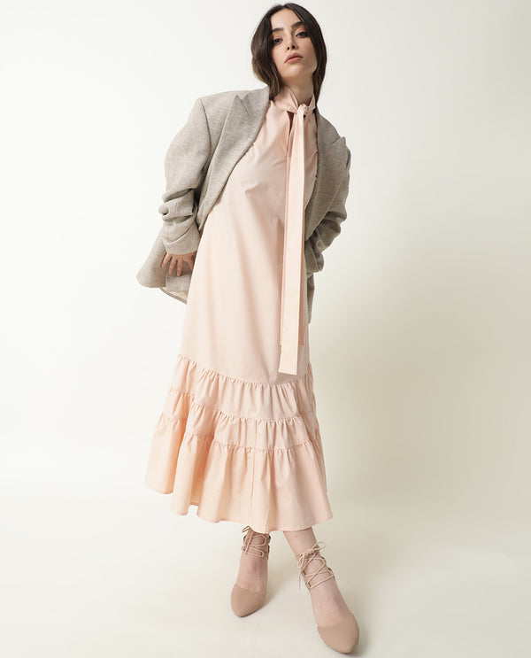 Rareism Women Gino Light Peach Tie Up Neck Sleeveless With Ruffled Hem And Pockets Maxi Dress