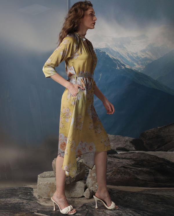 Rareism Women Journee Dark Yellow Polyester Fabric 3/4Th Sleeves Ruffled Neck Regular Fit Floral Print Midi Asymmetric Dress