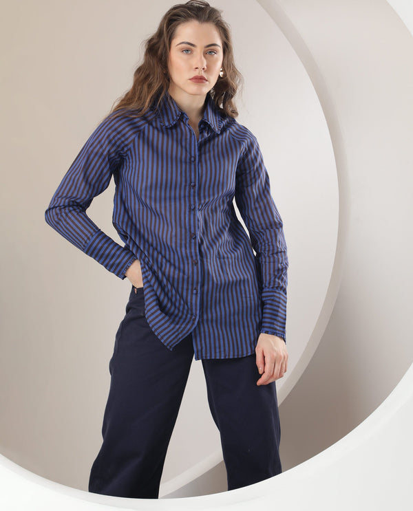 Rareism Women Treasure Dark Blue Cotton Fabric Full Sleeves Button Closure Shirt Collar Relaxed Fit Striped Shirt