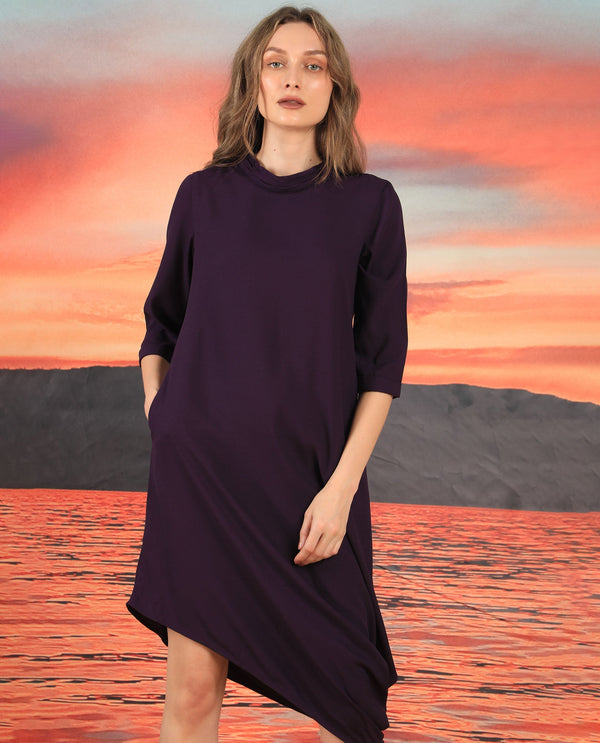 Rareism Women's Sullivan Purple Polyester Fabric High Neck Zipper Closure 3/4Th Sleeve Plain  Knee Length Dress