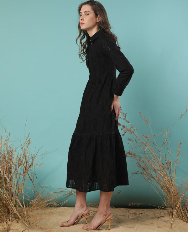 Rareism Women Darcy Black V Neck Full Sleeves Front Button Closure With Pockets Midi Dress
