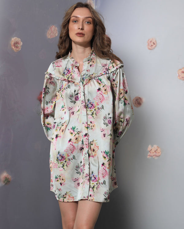Rareism Women's Penelope Beige Polyester Fabric Ruffled Neck Button Closure Full Sleeve Floral Print  Mini Dress