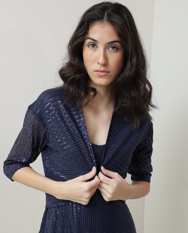 Rareism Women Agog Dark Blue Nylon Fabric 3/4Th Sleeves Solid Collarless Knee Length Shrug