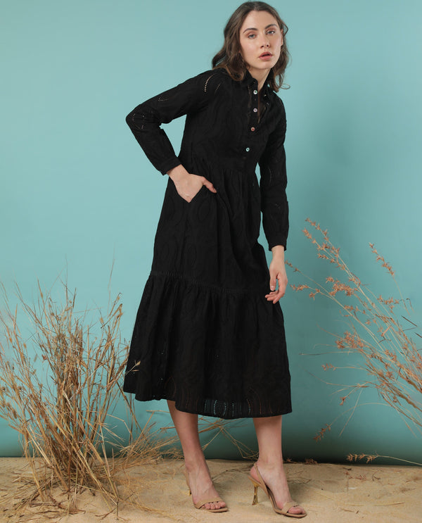 Rareism Women Darcy Black V Neck Full Sleeves Front Button Closure With Pockets Midi Dress