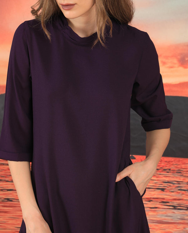 Rareism Women's Sullivan Purple Polyester Fabric High Neck Zipper Closure 3/4Th Sleeve Plain  Knee Length Dress
