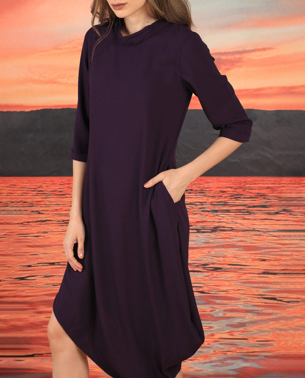Rareism Women's Sullivan Purple Polyester Fabric High Neck Zipper Closure 3/4Th Sleeve Plain  Knee Length Dress