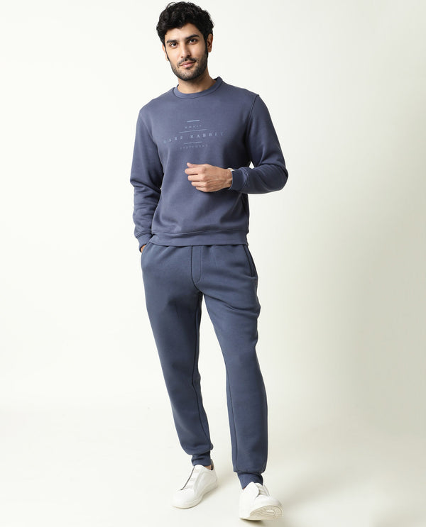 Rare Rabbit Men'S Pearlz Dark Blue Sweatshirt Cotton Polyester Fabric Crew Neck Full Sleeves Slim Fit
