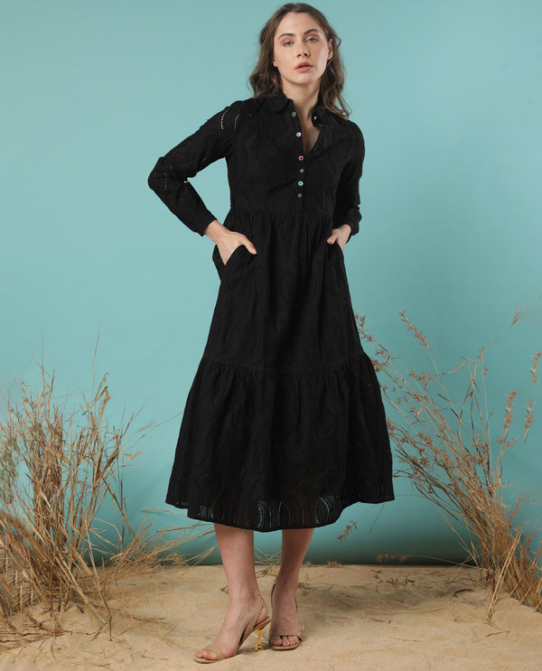 Rareism Women Darcy Black V Neck Full Sleeves Front Button Closure With Pockets Midi Dress