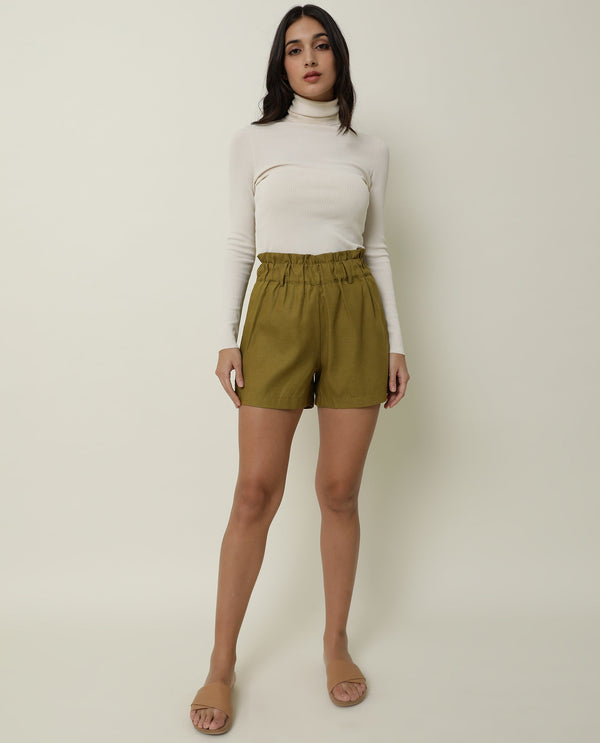 Rareism Women Wobble Light Olive Cotton Fabric Regular Fit Solid High Rise Shorts