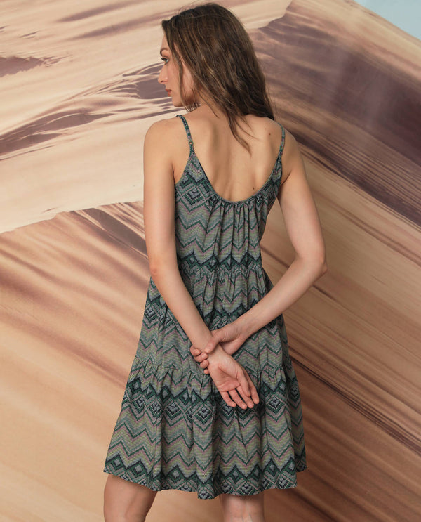 Rareism Women Callie Dark Green Polyester Fabric Sleeveless Shoulder Straps Regular Fit Geometric Print Knee Length Tiered Dress