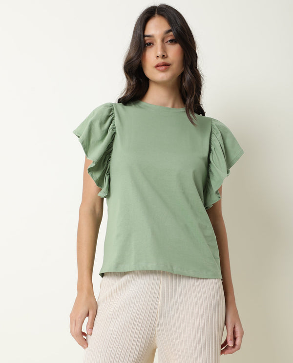Rareism Womens Yatch Green Top Cotton Fabric Regular Fit Ruffled Sleeves Crew Neck