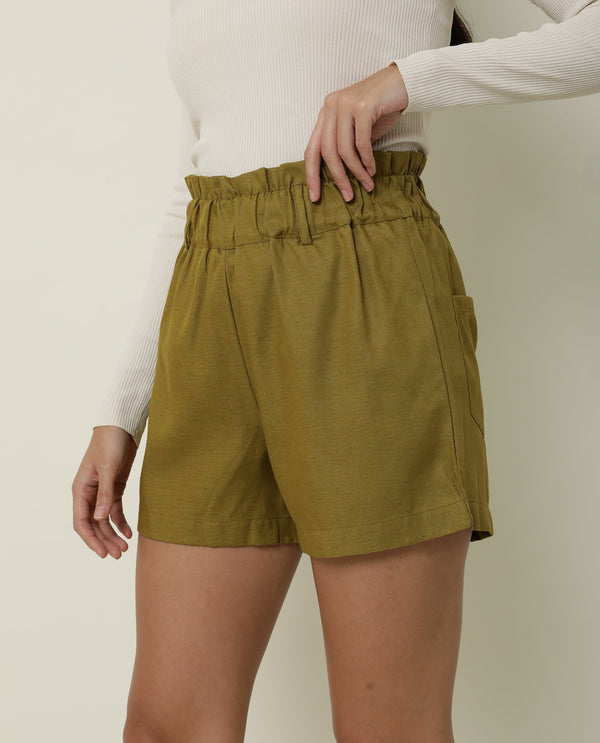 Rareism Women Wobble Light Olive Cotton Fabric Regular Fit Solid High Rise Shorts