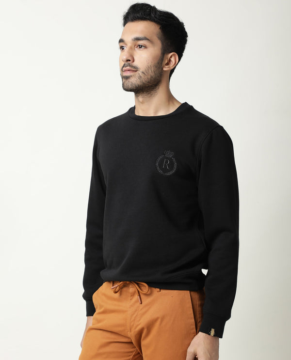Rare Rabbit Men'S Elle Black Cotton Polyester Fabric Crew Neck Full Sleeves Slim Fit Sweatshirt