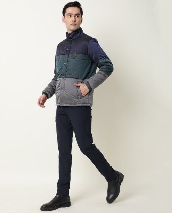 Rare Rabbit Men'S Clare Navy Jacket Nylon Fabric High Neck Full Sleeves Zipper Closure Slim Fit