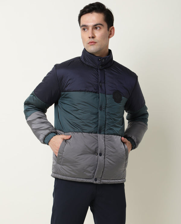 Rare Rabbit Men'S Clare Navy Jacket Nylon Fabric High Neck Full Sleeves Zipper Closure Slim Fit