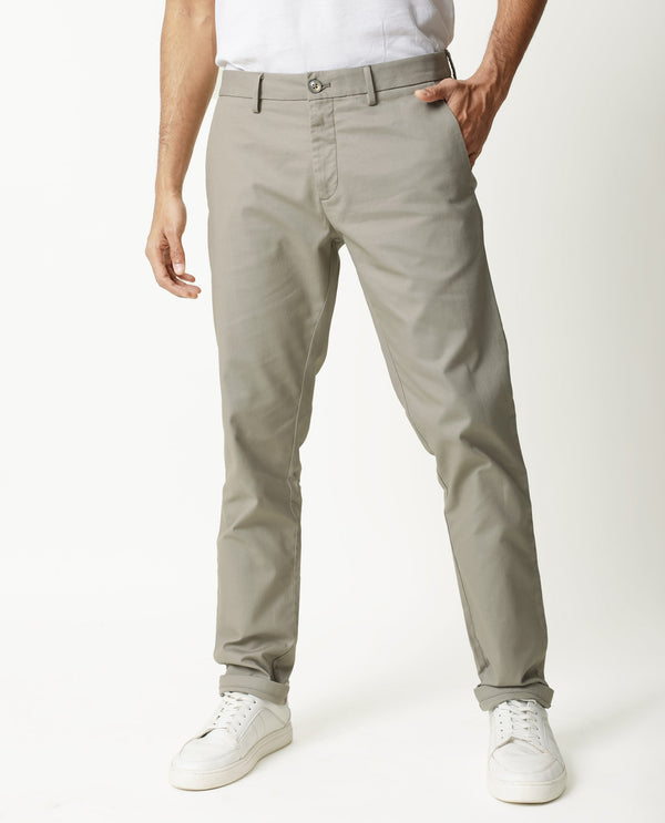 Rare Rabbit Men's Jude Grey Cotton Polyester Fabric Mid-Rise Slim Fit Twill Stretch Trousers
