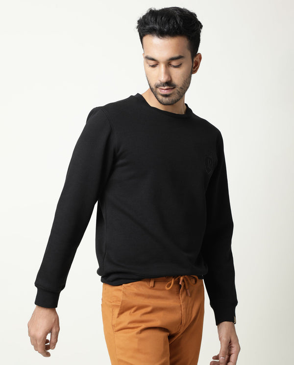 Rare Rabbit Men'S Elle Black Cotton Polyester Fabric Crew Neck Full Sleeves Slim Fit Sweatshirt