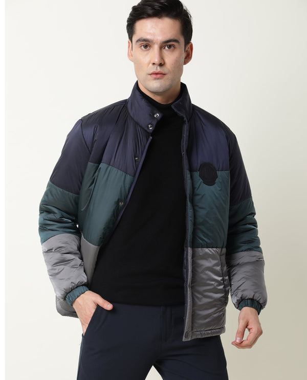 Rare Rabbit Men'S Clare Navy Jacket Nylon Fabric High Neck Full Sleeves Zipper Closure Slim Fit