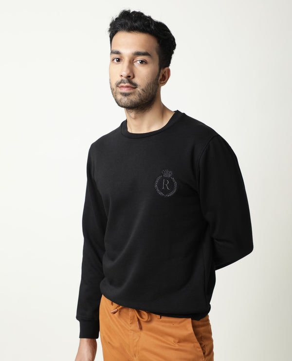 Rare Rabbit Men'S Elle Black Cotton Polyester Fabric Crew Neck Full Sleeves Slim Fit Sweatshirt
