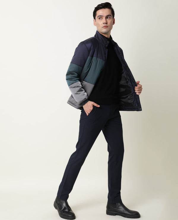 Rare Rabbit Men'S Clare Navy Jacket Nylon Fabric High Neck Full Sleeves Zipper Closure Slim Fit
