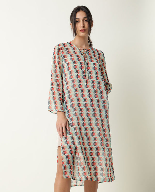 Rareism Women Mirun Multi Abstract Print Shoe Lace Tie Up 3/4 Sleeves Side Slit Sheer Kaftan Midi Dress