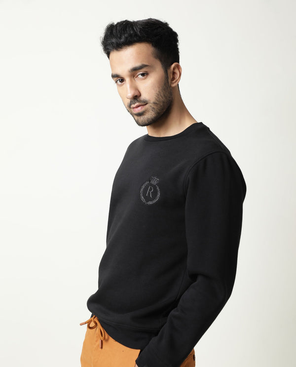 Rare Rabbit Men'S Elle Black Cotton Polyester Fabric Crew Neck Full Sleeves Slim Fit Sweatshirt