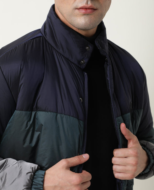 Rare Rabbit Men'S Clare Navy Jacket Nylon Fabric High Neck Full Sleeves Zipper Closure Slim Fit