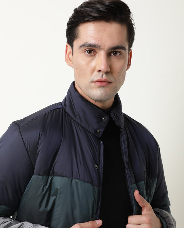 Rare Rabbit Men'S Clare Navy Jacket Nylon Fabric High Neck Full Sleeves Zipper Closure Slim Fit