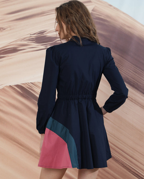 Rareism Women Pharma Navy Mandarin Collar Full Sleeves Front Full Button Closure With Fabric Waist Belt Pocket Mini Dress