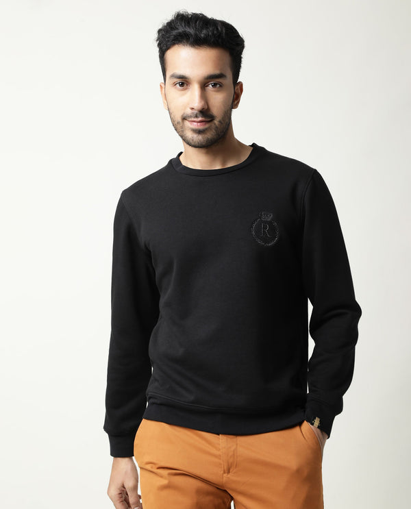 Rare Rabbit Men'S Elle Black Cotton Polyester Fabric Crew Neck Full Sleeves Slim Fit Sweatshirt