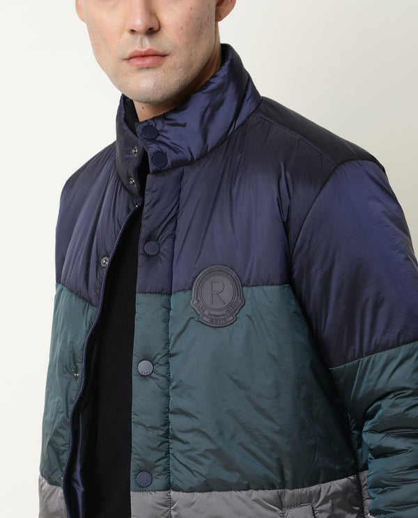 Rare Rabbit Men'S Clare Navy Jacket Nylon Fabric High Neck Full Sleeves Zipper Closure Slim Fit