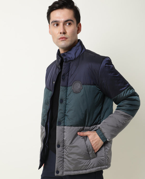 Rare Rabbit Men'S Clare Navy Jacket Nylon Fabric High Neck Full Sleeves Zipper Closure Slim Fit