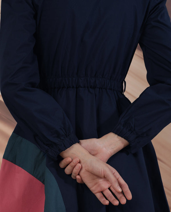 Rareism Women Pharma Navy Mandarin Collar Full Sleeves Front Full Button Closure With Fabric Waist Belt Pocket Mini Dress