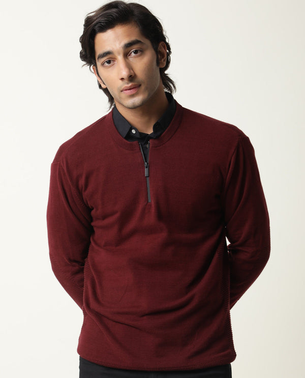 Rare Rabbit Men'S Rumbled Maroon Sweater Cotton Fabric Full Sleeves Zipper Closure Slim Fit