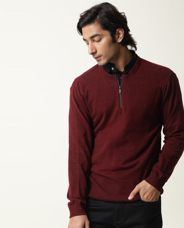 Rare Rabbit Men'S Rumbled Maroon Sweater Cotton Fabric Full Sleeves Zipper Closure Slim Fit