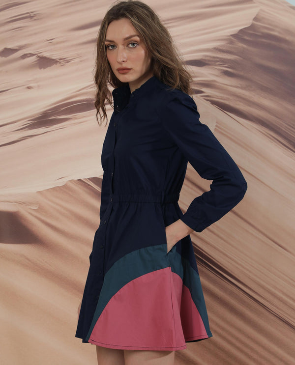Rareism Women Pharma Navy Mandarin Collar Full Sleeves Front Full Button Closure With Fabric Waist Belt Pocket Mini Dress