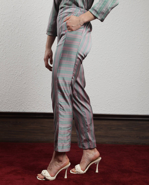 Rareism Women Zoe Pink Polyester Fabric Tailored Fit Striped Ankle Length Trousers