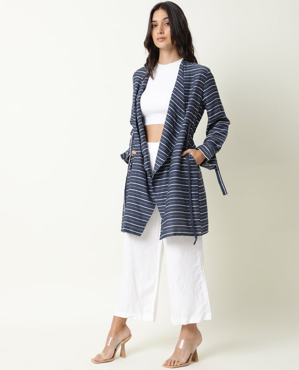 Rareism Womens Greece Navy Outer Wear Viscose Nylone Fabric Oversized Fit Full Sleeve V Neck