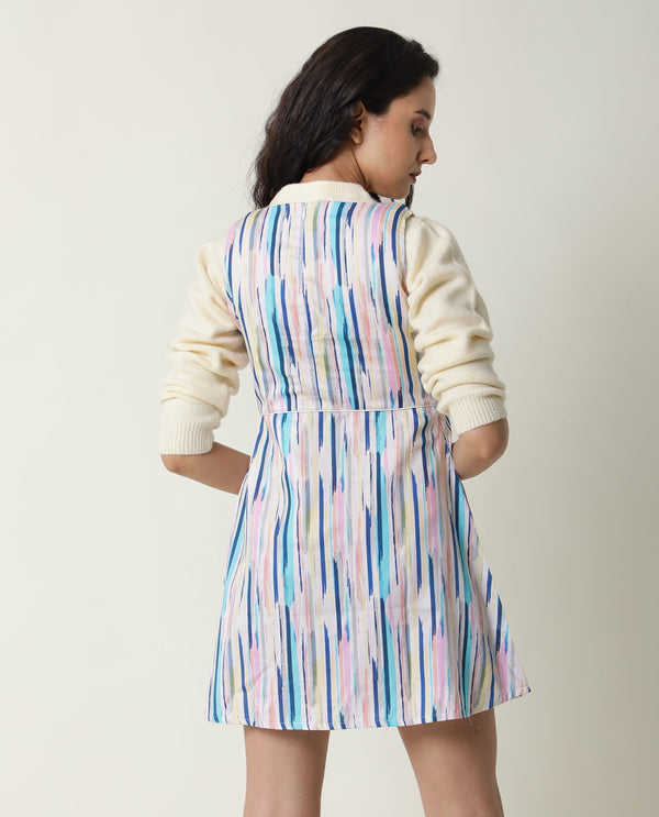 Rareism Women Nano Multi Striped V Neck Sleeveless With Pockets Mini Dress