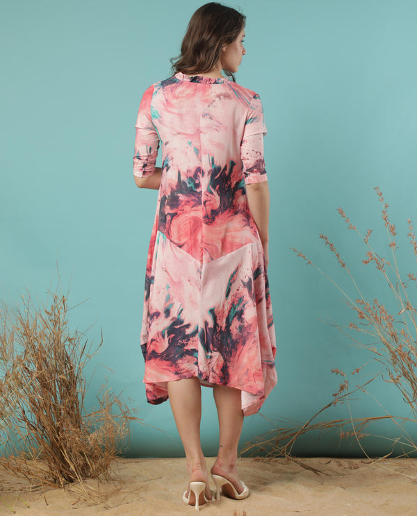 Rareism Women Park Multi Abstract Ruffled V Neck 3/4 Sleeves With Pockets Asymmetrical Midi Dress