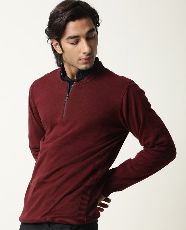 Rare Rabbit Men'S Rumbled Maroon Sweater Cotton Fabric Full Sleeves Zipper Closure Slim Fit