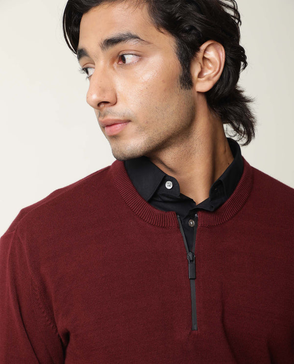 Rare Rabbit Men'S Rumbled Maroon Sweater Cotton Fabric Full Sleeves Zipper Closure Slim Fit