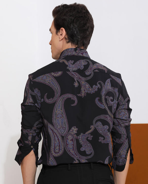 Rare Rabbit Men's Zeus Black Viscose Fabric Full Sleeves Paisley Print Shirt