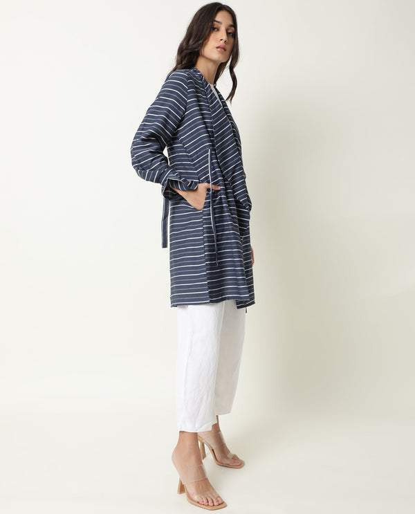 Rareism Womens Greece Navy Outer Wear Viscose Nylone Fabric Oversized Fit Full Sleeve V Neck