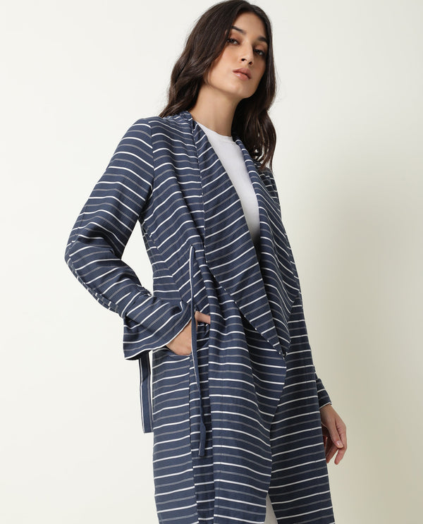 Rareism Womens Greece Navy Outer Wear Viscose Nylone Fabric Oversized Fit Full Sleeve V Neck